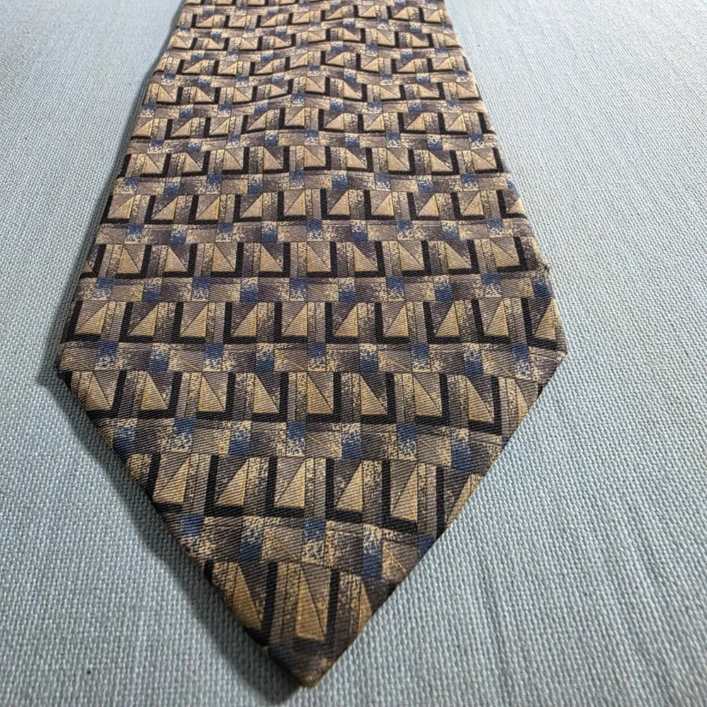 Barrington Mens Geometric Silk Blend Tie Blue Gold Tan Patterned Necktie